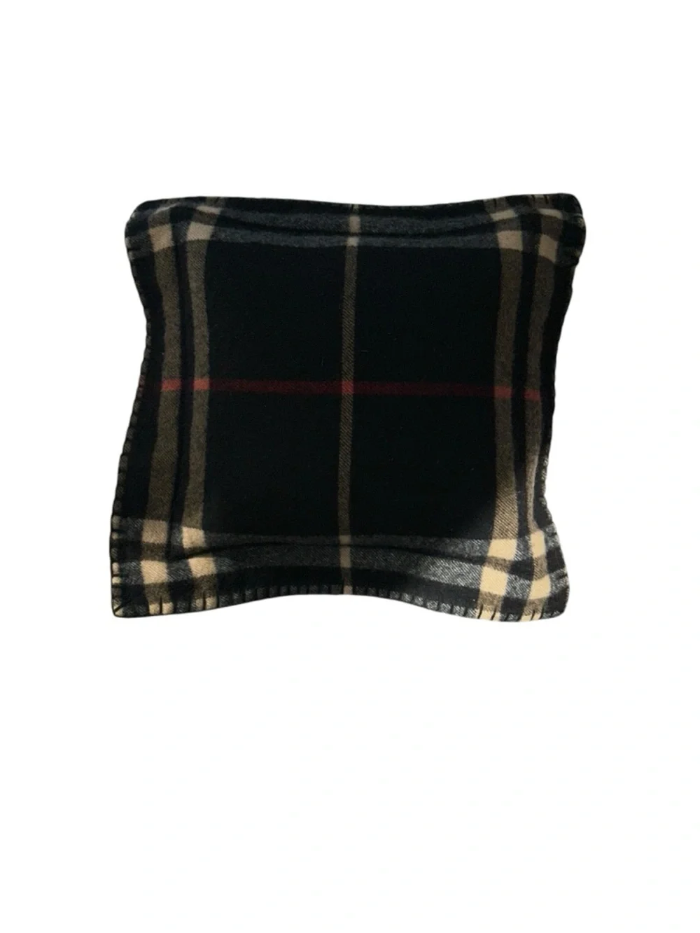 Burberry Black Lambswool plaid  pillow Red Stripe Tan Trim Scotland